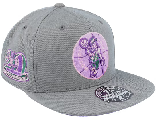 Gray and lavender Boston Celtics 20th Anniversary fitted hat featuring a celebratory logo and embroidered details.