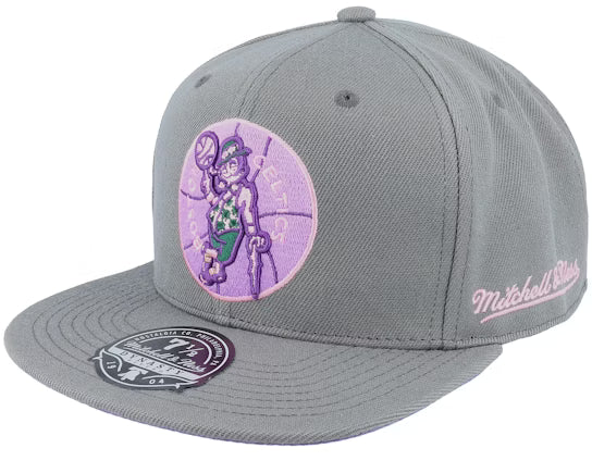 Boston Celtics 20th Anniversary fitted hat in gray and lavender featuring a Celtic mascot logo and embroidered details.