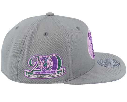Gray and lavender Boston Celtics 20th Anniversary fitted hat featuring a commemorative logo on the side.