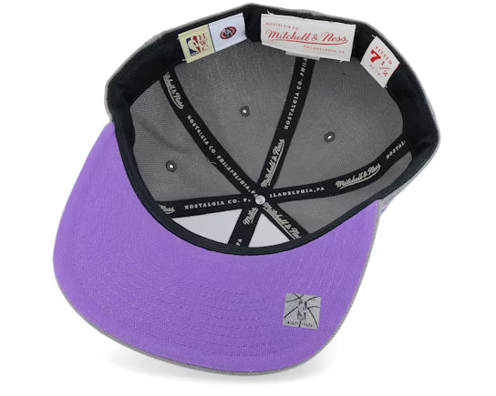 Gray and lavender Boston Celtics 20th Anniversary fitted hat featuring a classic design and Mitchell & Ness branding.