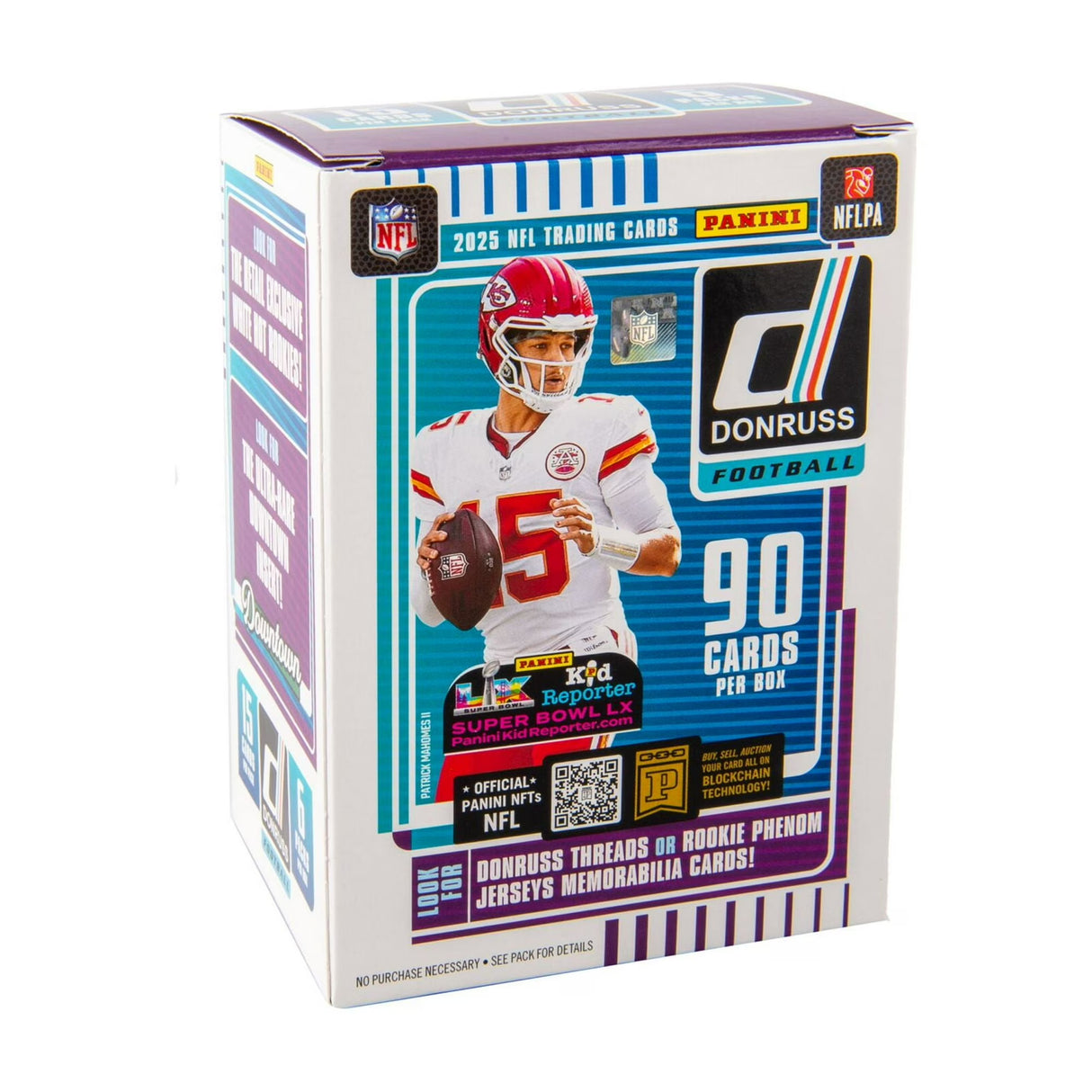 2025 Panini Donruss Football NFL Trading Cards Blaster Box featuring 90 cards per box, including jerseys and memorabilia.