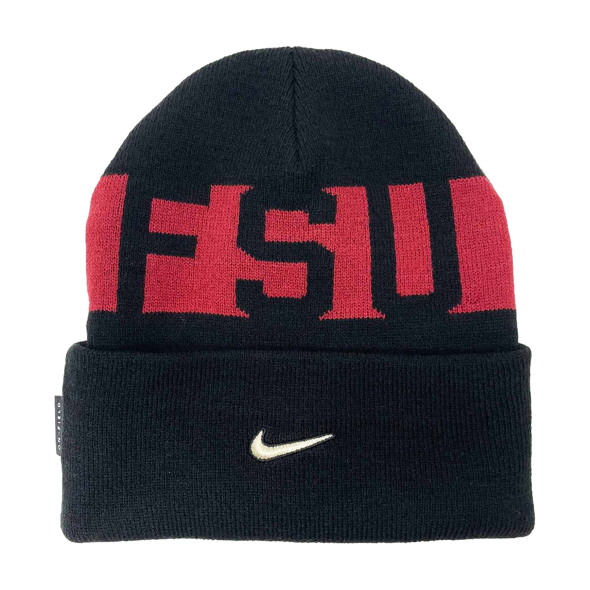 Front view of Florida State Seminoles black and garnet cuffed knit beanie showcasing FSU lettering and Nike swoosh on white