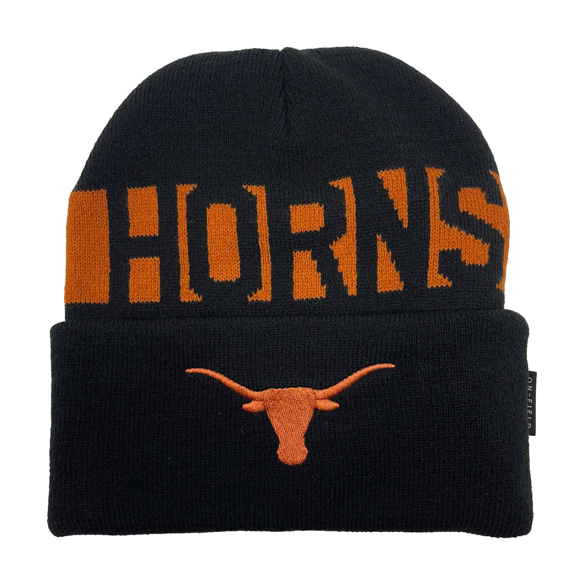 Front view of Texas Longhorns On-Field Cuffed Knit Beanie in black and burnt orange with Longhorns text and logo