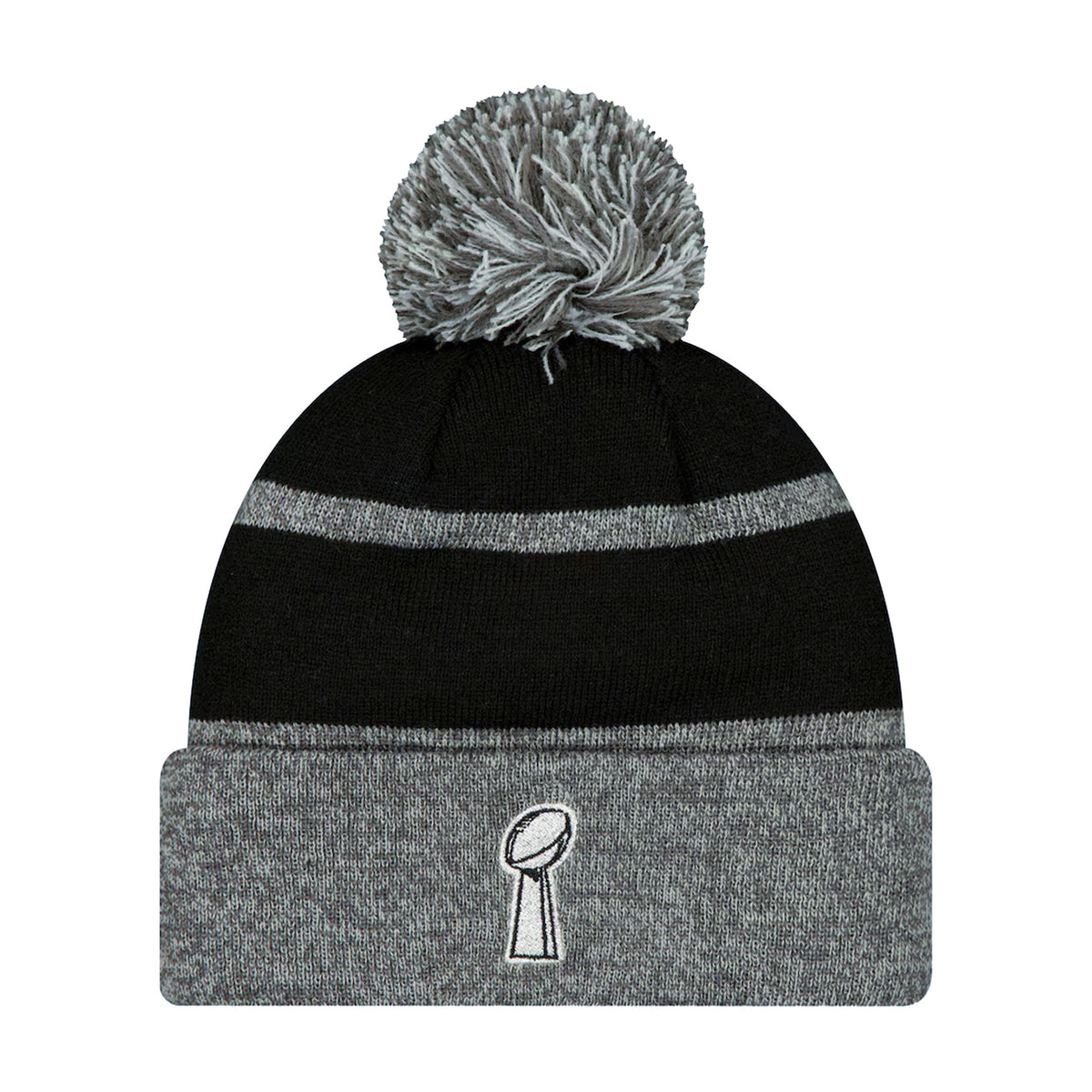 Front view of Seattle Seahawks Super Bowl LX Champions Parade beanie with gray cuff, pom, stripes, and logo