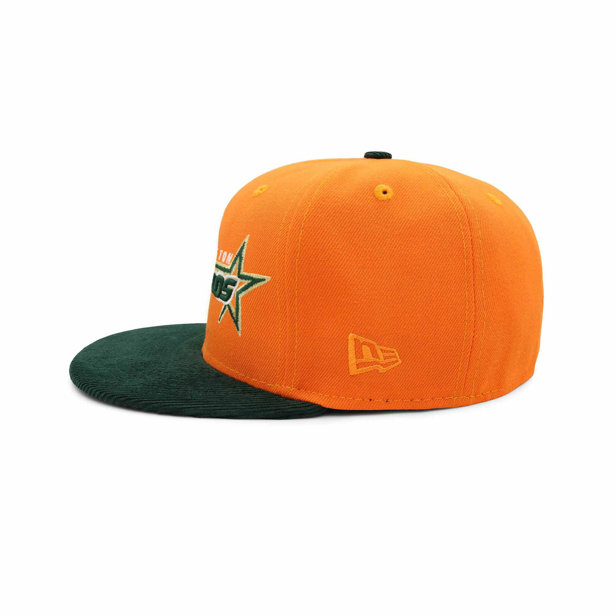 Houston Astros 35th Anniversary fitted cap featuring an orange crown and green visor, showcasing team logo.