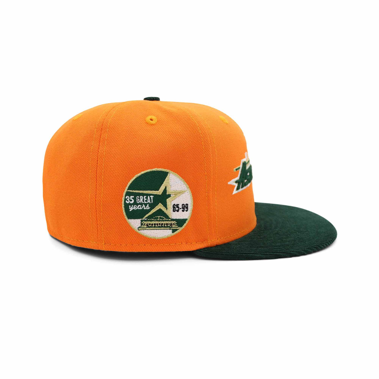 Houston Astros 35th Anniversary orange fitted cap featuring a green visor and commemorative side patch.