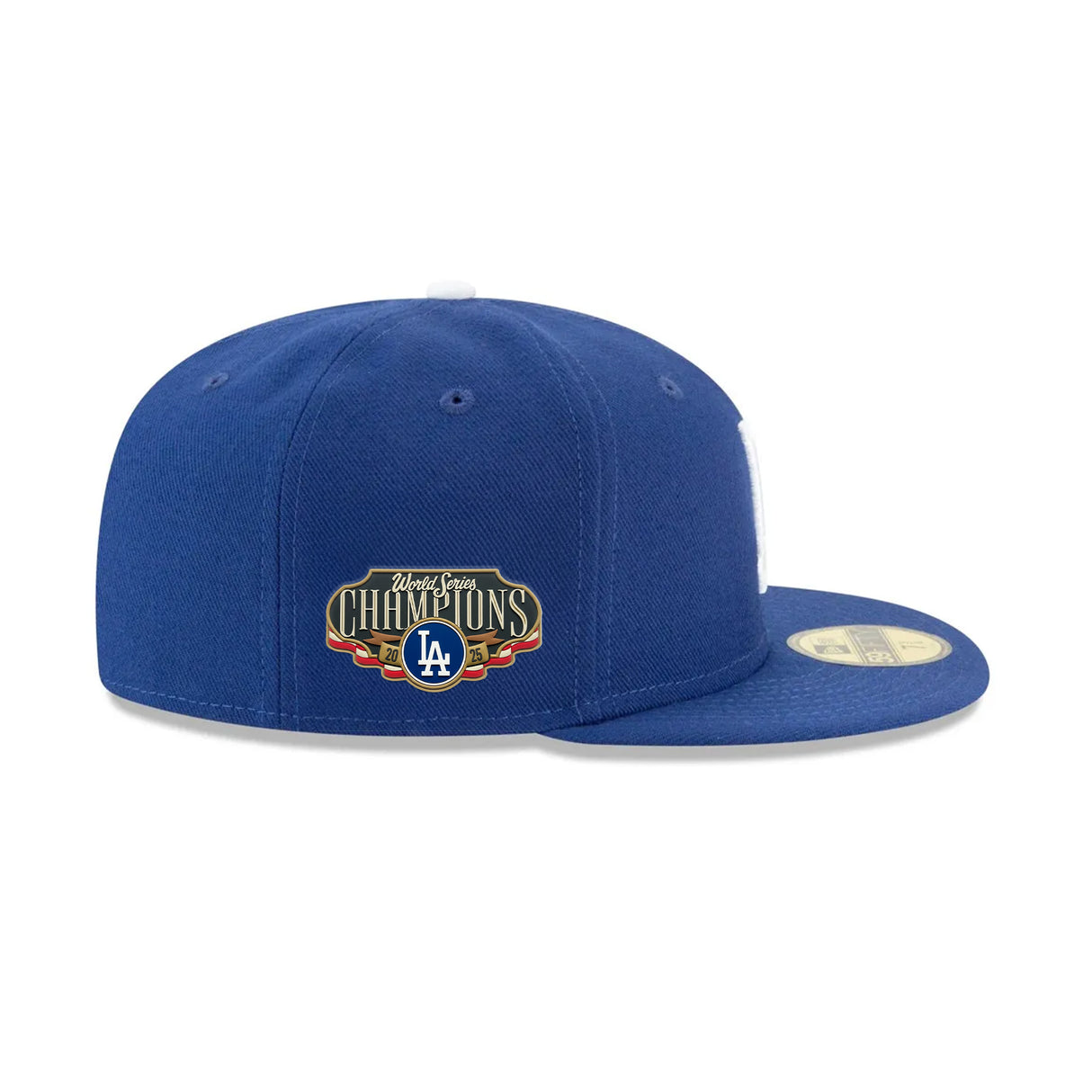 Los Angeles Dodgers 2025 World Series Champs Locker Room Patch Royal 59FIFTY cap featuring a commemorative patch on the side.