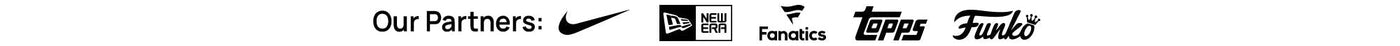 Logos of various partners including Nike, New Era, Fanatics, Topps, and Funko on a white background.