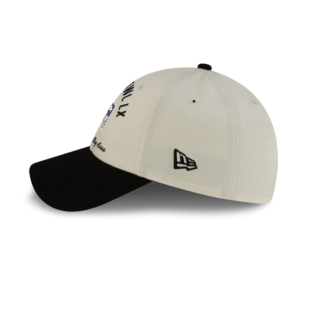 New England Patriots Super Bowl LX cream 9FORTY stretch snap hat featuring a black visor and embroidered logos.