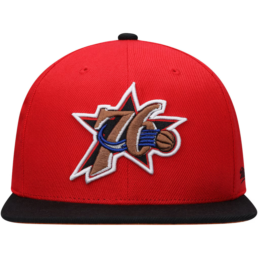 Philadelphia 76ers red fitted hat featuring NBA Finals Champions logo and black brim, perfect for fans and collectors.