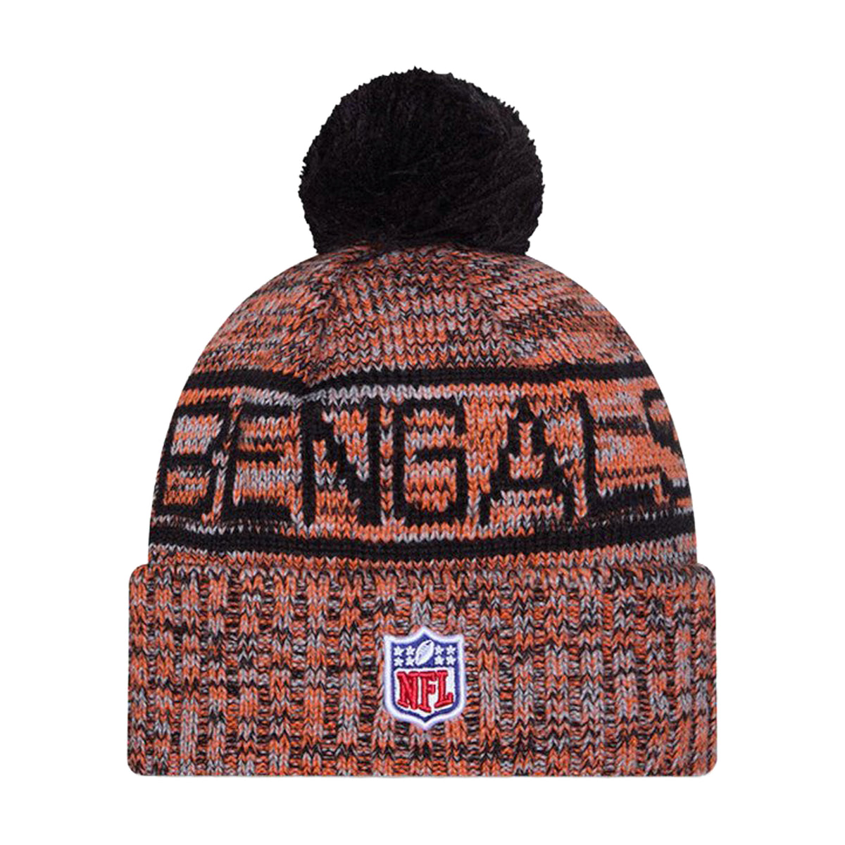 Front view of Cincinnati Bengals Script Pom Cuffed Knit Beanie with orange and black knit, pom, cuff, and NFL shield on white background