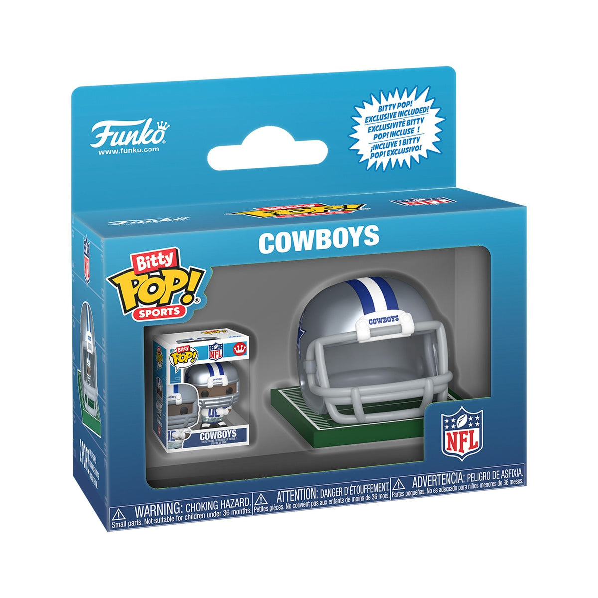 Front three-quarter view of a Dallas Cowboys Bitty Pop! helmet and player set in a blue retail box