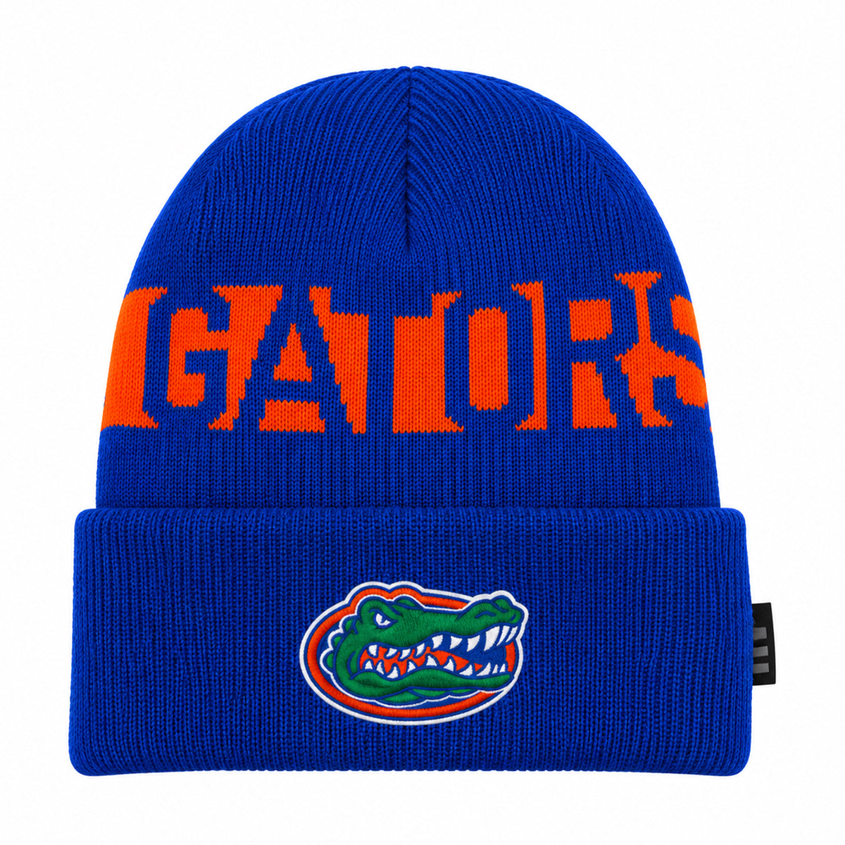 Front view of Florida Gators cuffed knit beanie with orange GATORS lettering, alligator logo, and white background