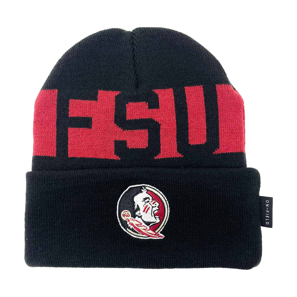 Front view of Florida State Seminoles cuffed knit beanie in black and garnet with FSU lettering and Seminoles logo on white background