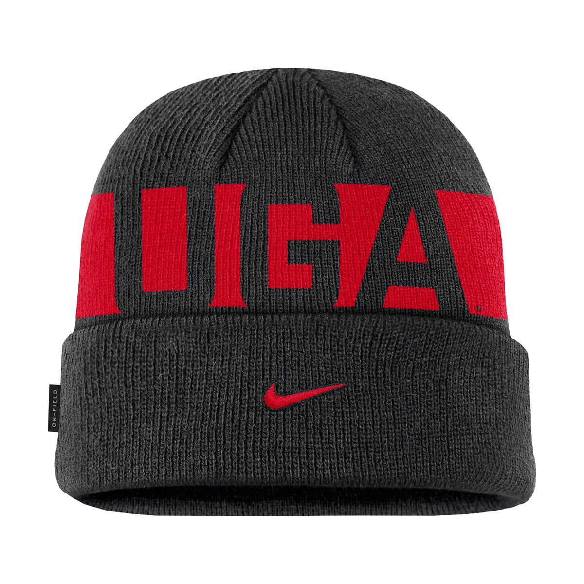Front view of Georgia Bulldogs cuffed knit beanie showcasing red lettering and Nike swoosh on a white background