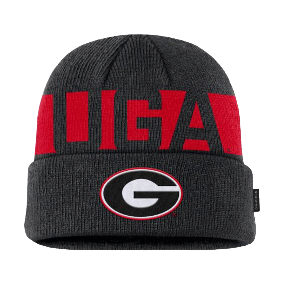 Front view of Georgia Bulldogs on-field cuffed knit beanie showcasing red UGA lettering and Georgia G logo on a white background