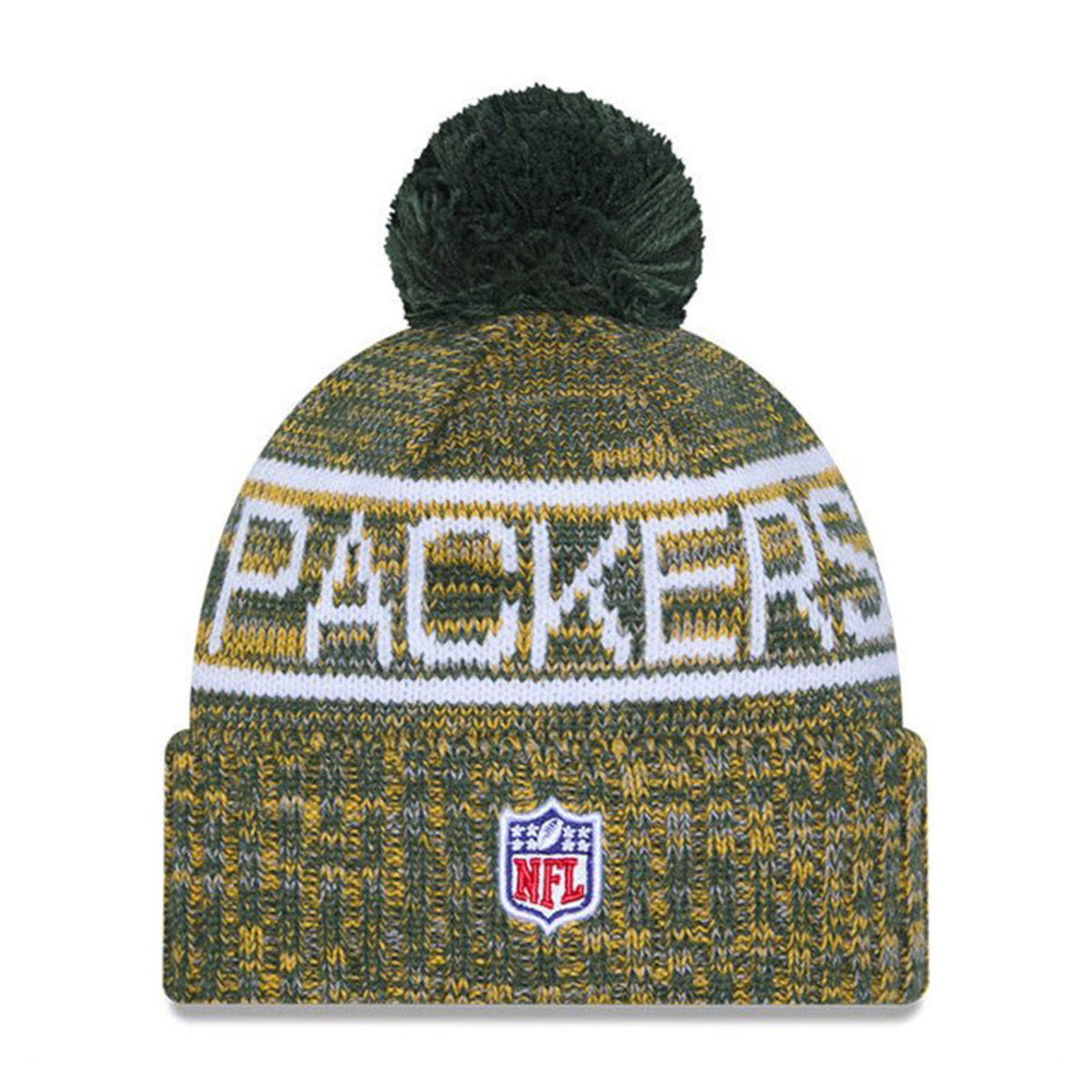 Front view of Green Bay Packers knit pom beanie with green and gold knit pattern, Packers lettering, pom, and NFL shield