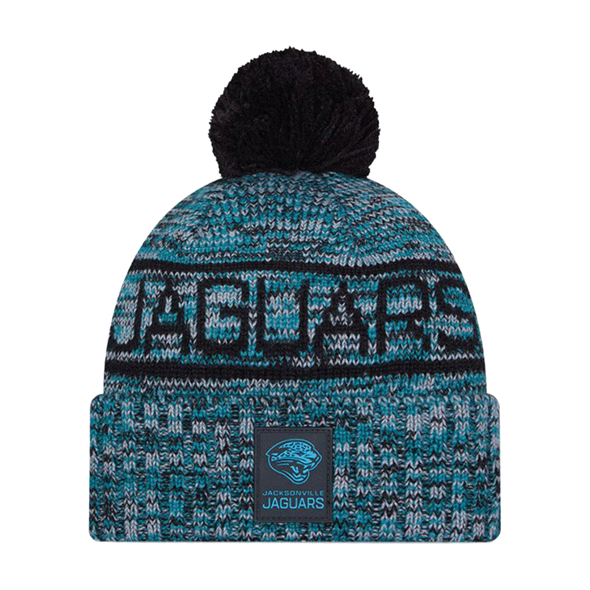 Front view of Jacksonville Jaguars Script Pom Cuffed Knit Beanie showcasing teal and black knit pattern, pom, and team logo on white background
