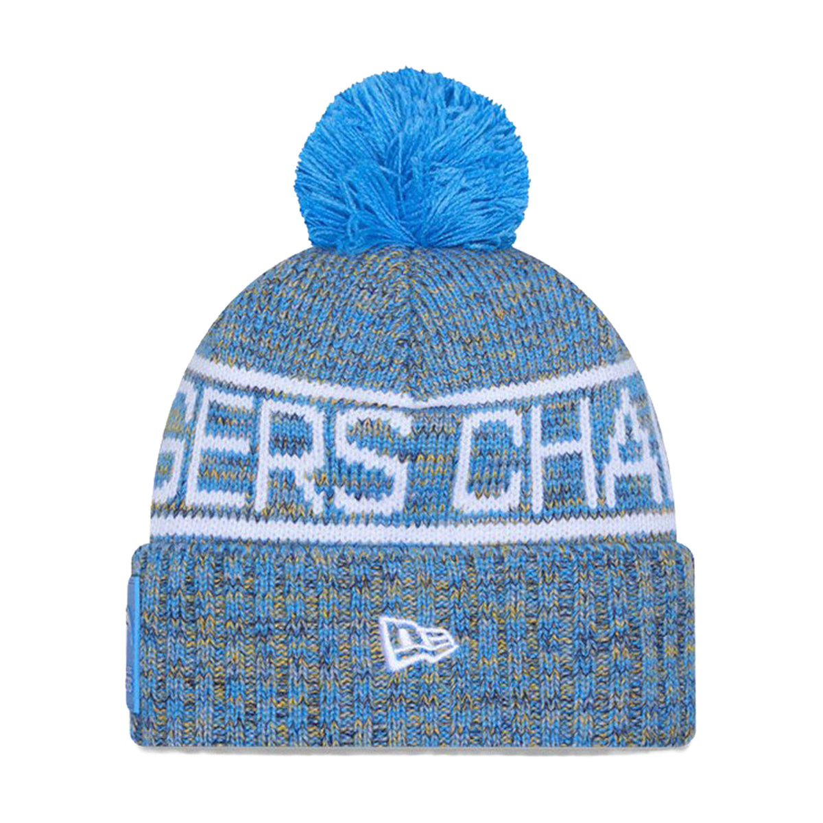Front view of Los Angeles Chargers powder blue and gold pom knit beanie showcasing Chargers wordmark and New Era logo with white background