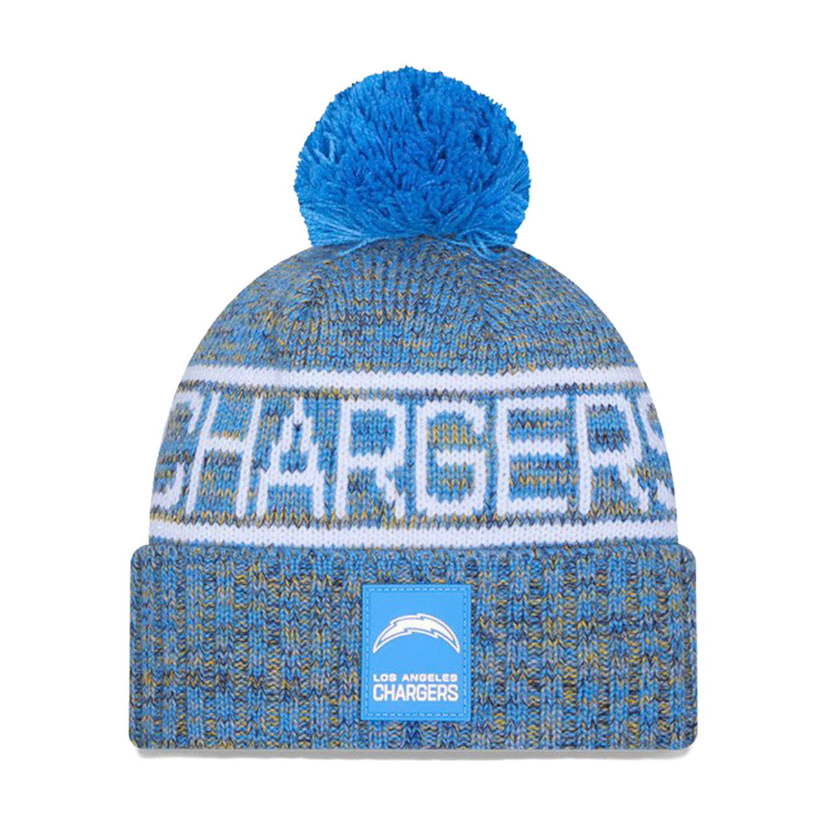 Front view of Los Angeles Chargers powder blue and gold pom knit beanie with Chargers lettering and logo on white background