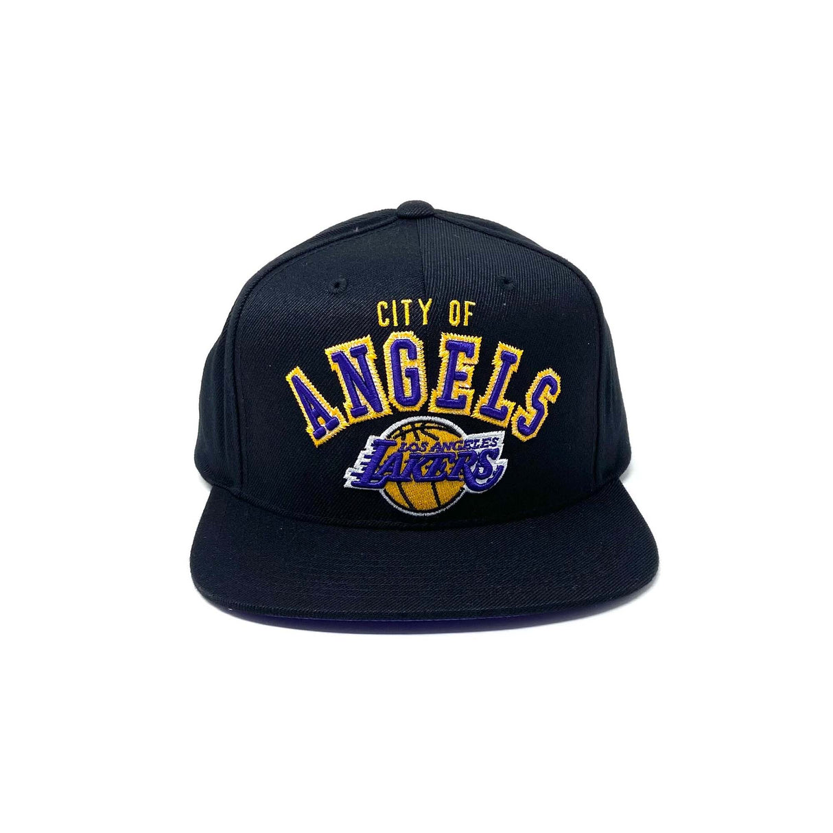 Los Angeles Lakers Black City of Angels Script Snapback Hat - Mitchell & Ness -