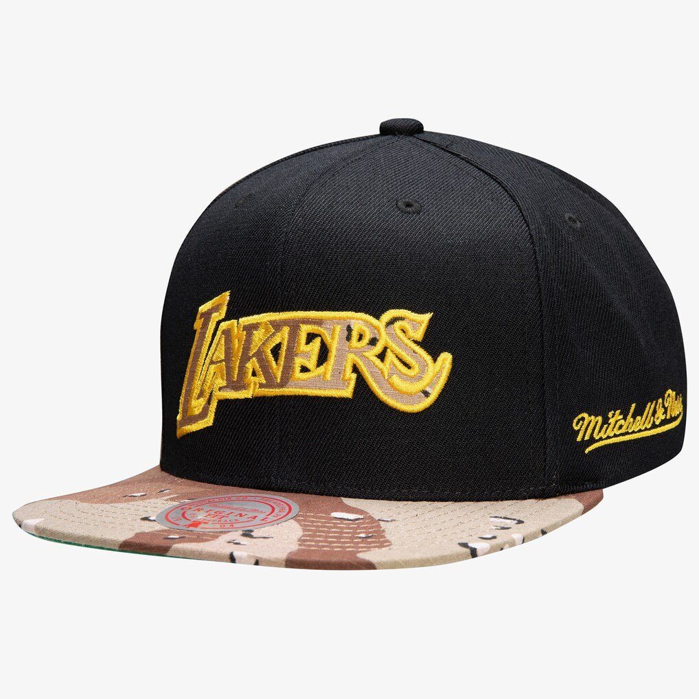 Los Angeles Lakers Black Hardwood Classics Choco Camo Snapback Hat - Mitchell & Ness -