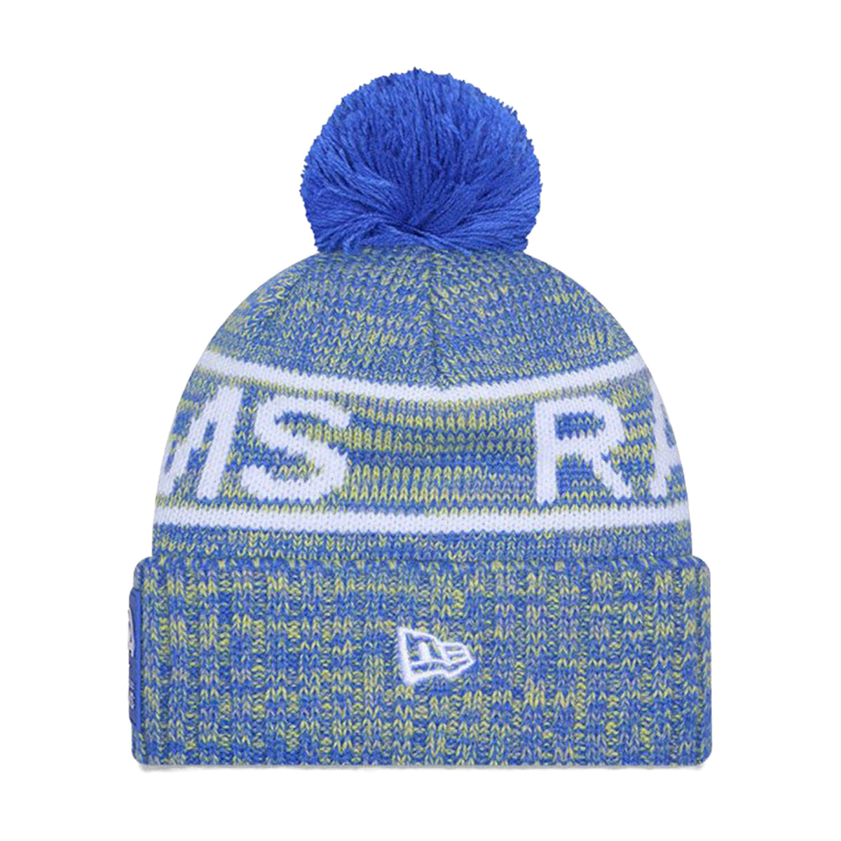 Front view of Los Angeles Rams knit pom beanie showcasing blue marled knit, cuff, pom, and team lettering on white background