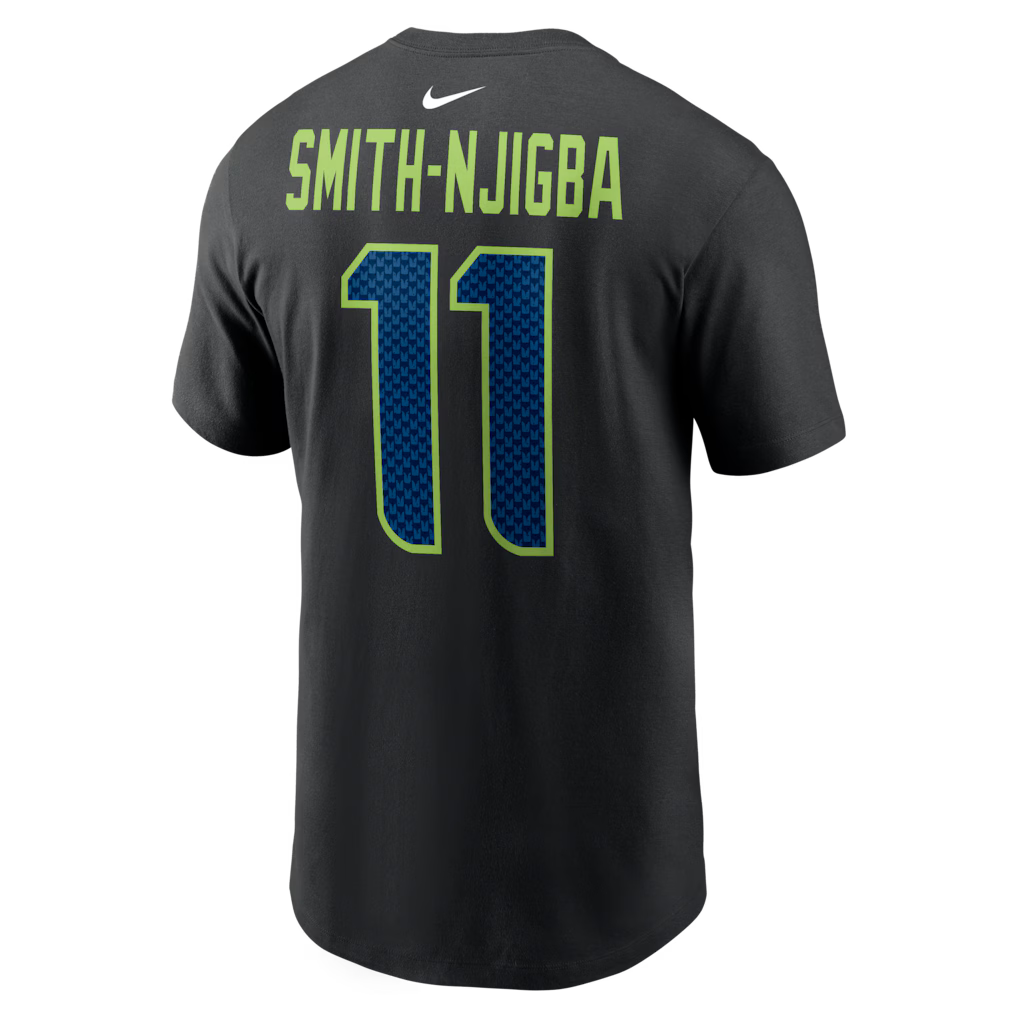 Black Seattle Seahawks T-shirt featuring Jaxon Smith-Njigba's name and number 11 on the back. Ideal for fans.
