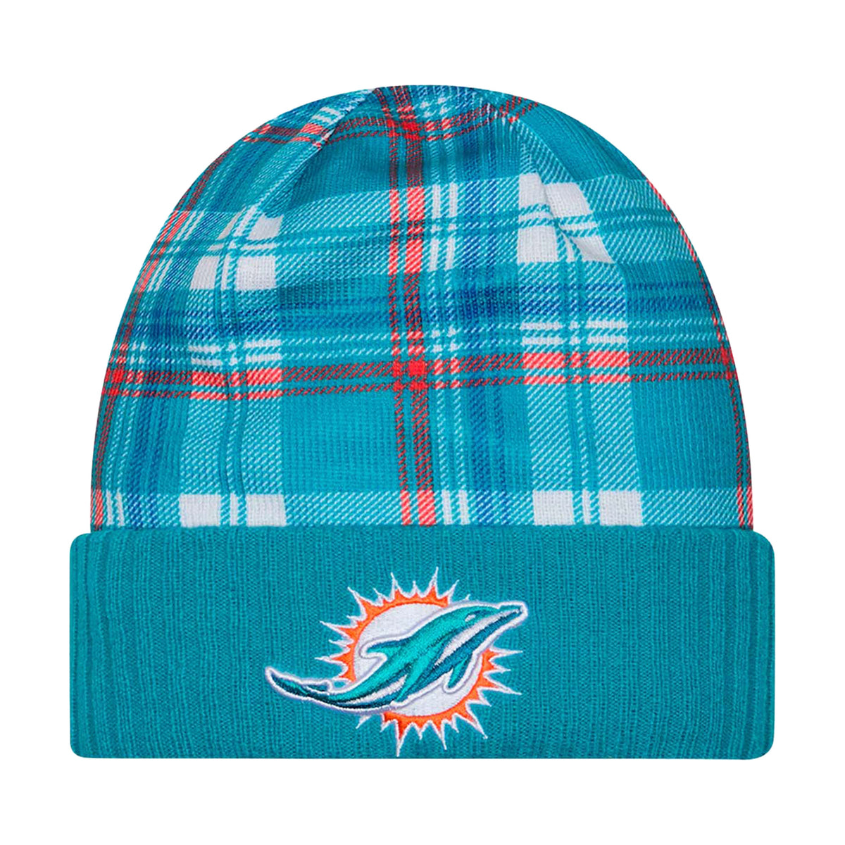 Miami Dolphins 2024 Sideline Statement Plaid Cuffed Knit Beanie – Aqua - New Era -