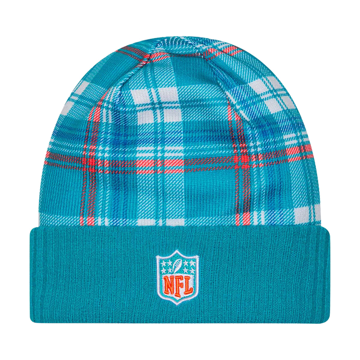 Miami Dolphins 2024 Sideline Statement Plaid Cuffed Knit Beanie – Aqua - New Era -