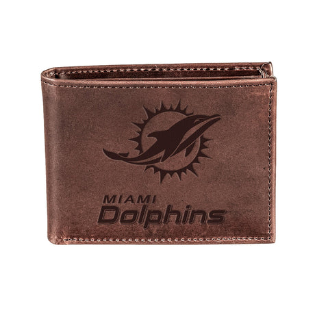 Miami Dolphins, Bi - Fold Wallet, Brown, CH, 100% Genuine Leather - EG Collective - 808412080043
