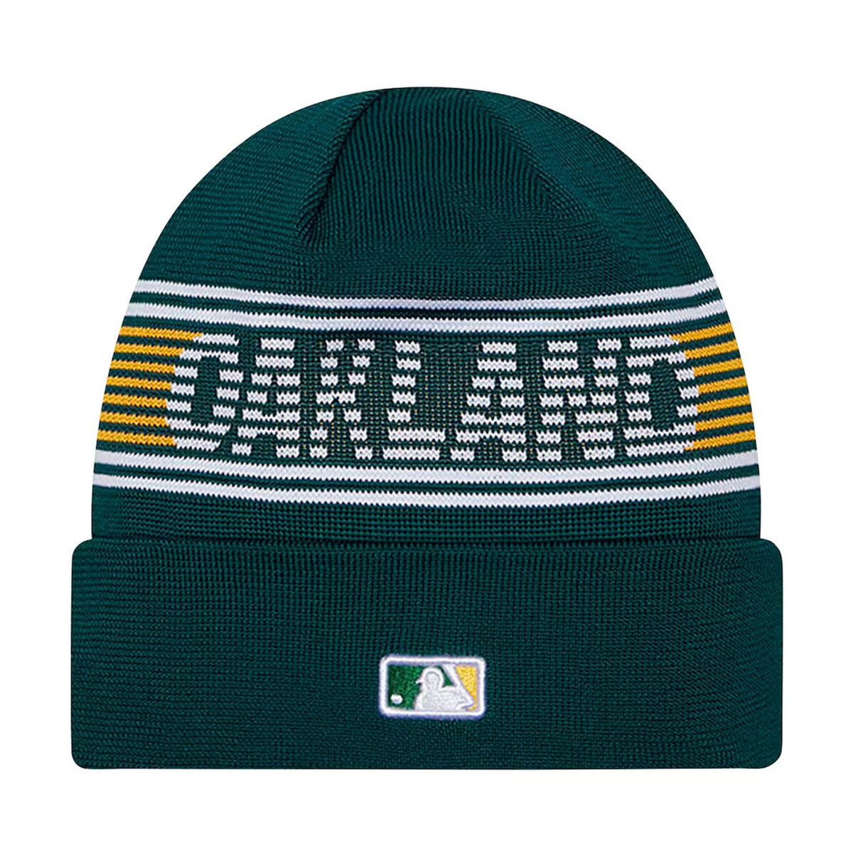 Front view of Oakland Athletics on-field cuffed knit beanie showcasing green knit, striped band, and MLB logo on a white background
