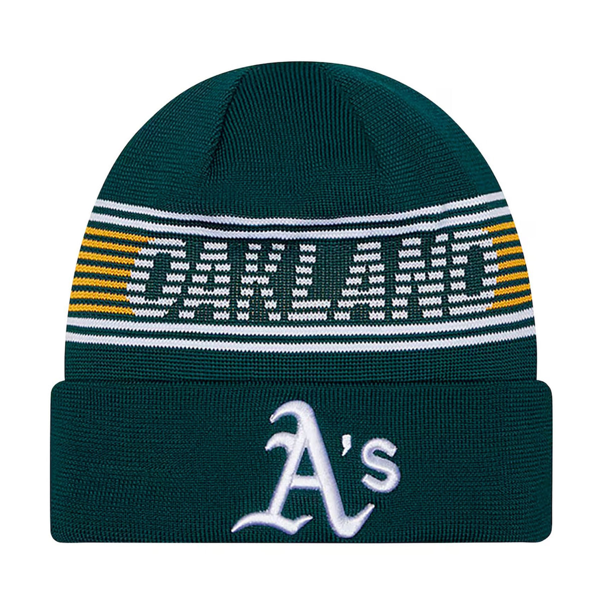 Front view of green Oakland Athletics cuffed knit beanie with white OAKLAND stripes and A’s logo on white background