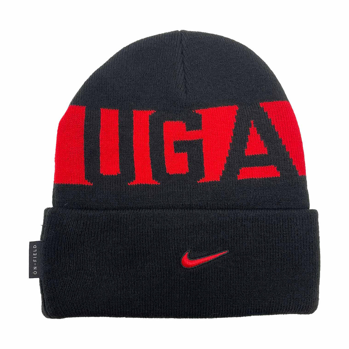 Front view of Ohio State Buckeyes cuffed knit beanie showing black knit, red OHIO lettering and Nike swoosh on white backdrop