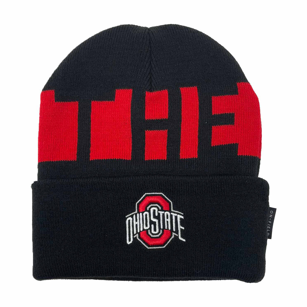 Front view of Ohio State Buckeyes cuffed knit beanie showcasing red THE lettering and Ohio State logo on black knit with white background