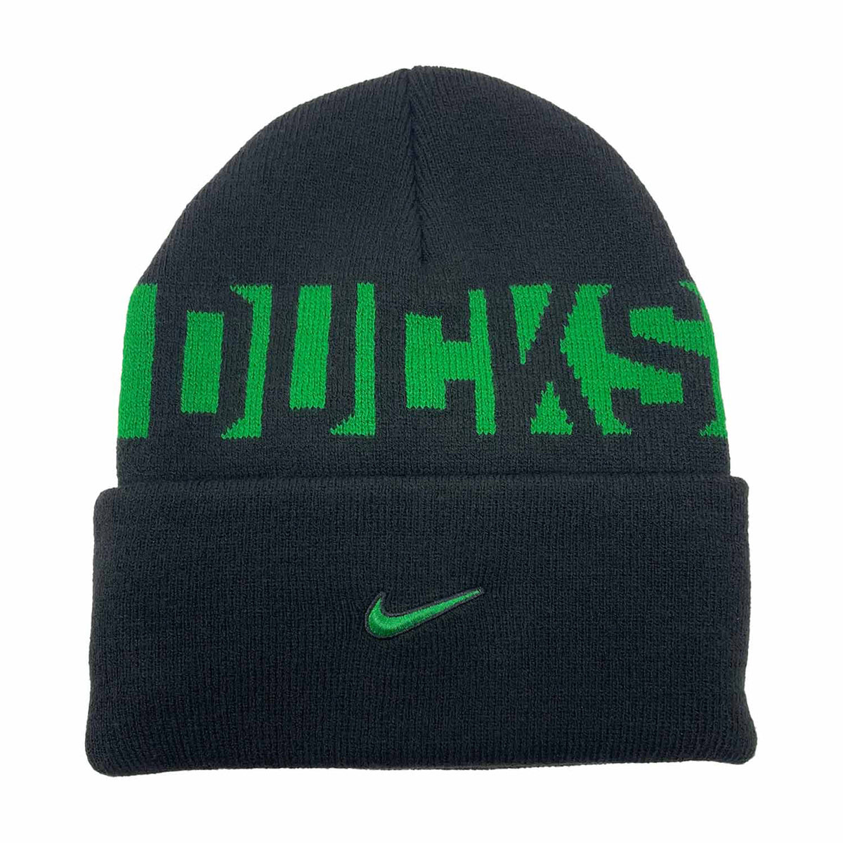 Front view of Oregon Ducks On-Field Cuffed Knit Beanie with green lettering and Nike swoosh on white