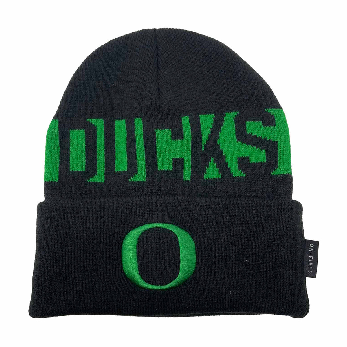 Front view of Oregon Ducks black and green cuffed knit beanie showcasing green Ducks lettering and O emblem on white background