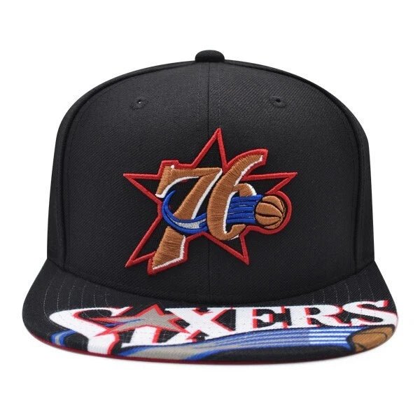 Philadelphia 76ers Black Hardwood Classics Underbrim Graphic Snapback Hat - Mitchell & Ness -