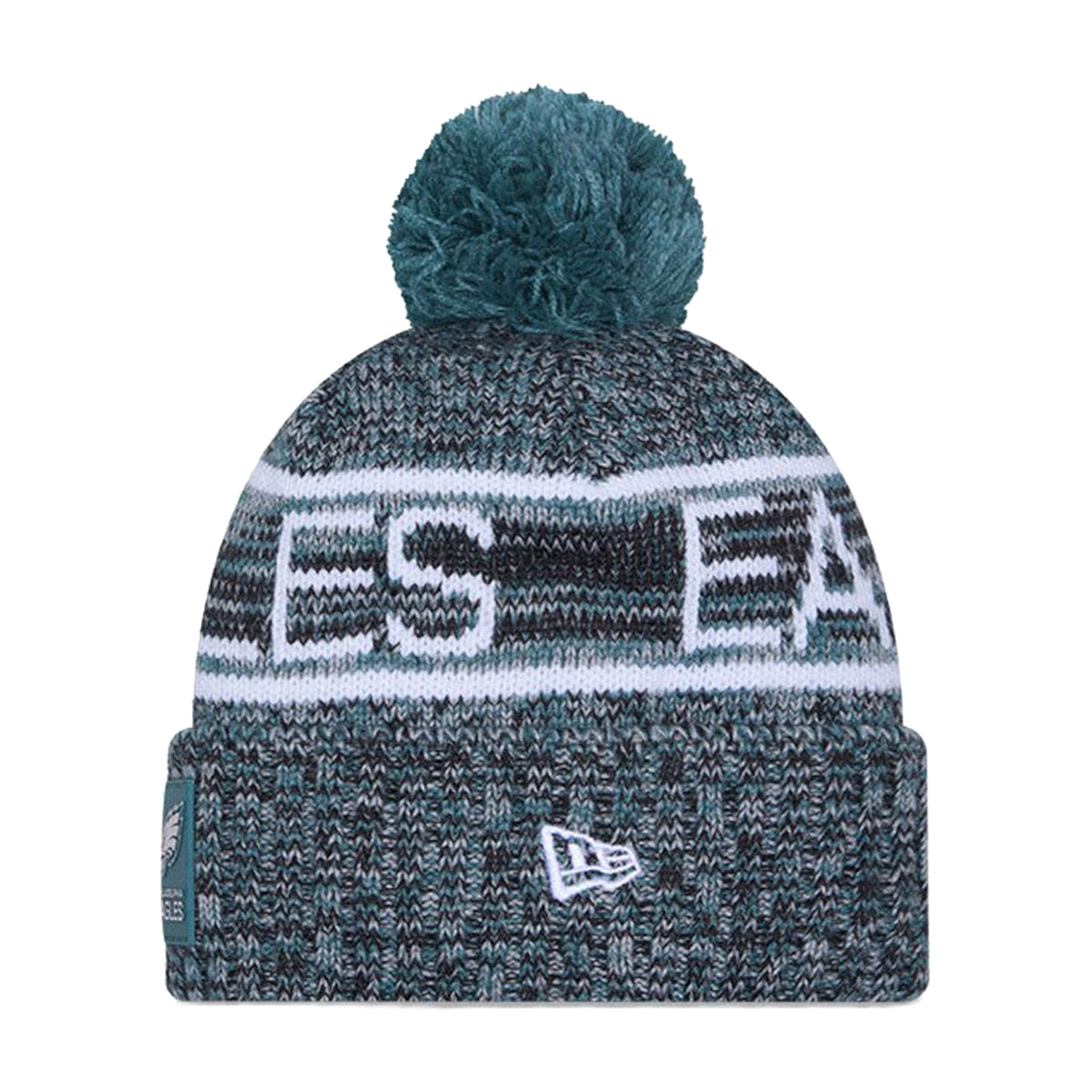 Front view of Philadelphia Eagles Script Pom Beanie with cuff, pom, and Eagles script on white background