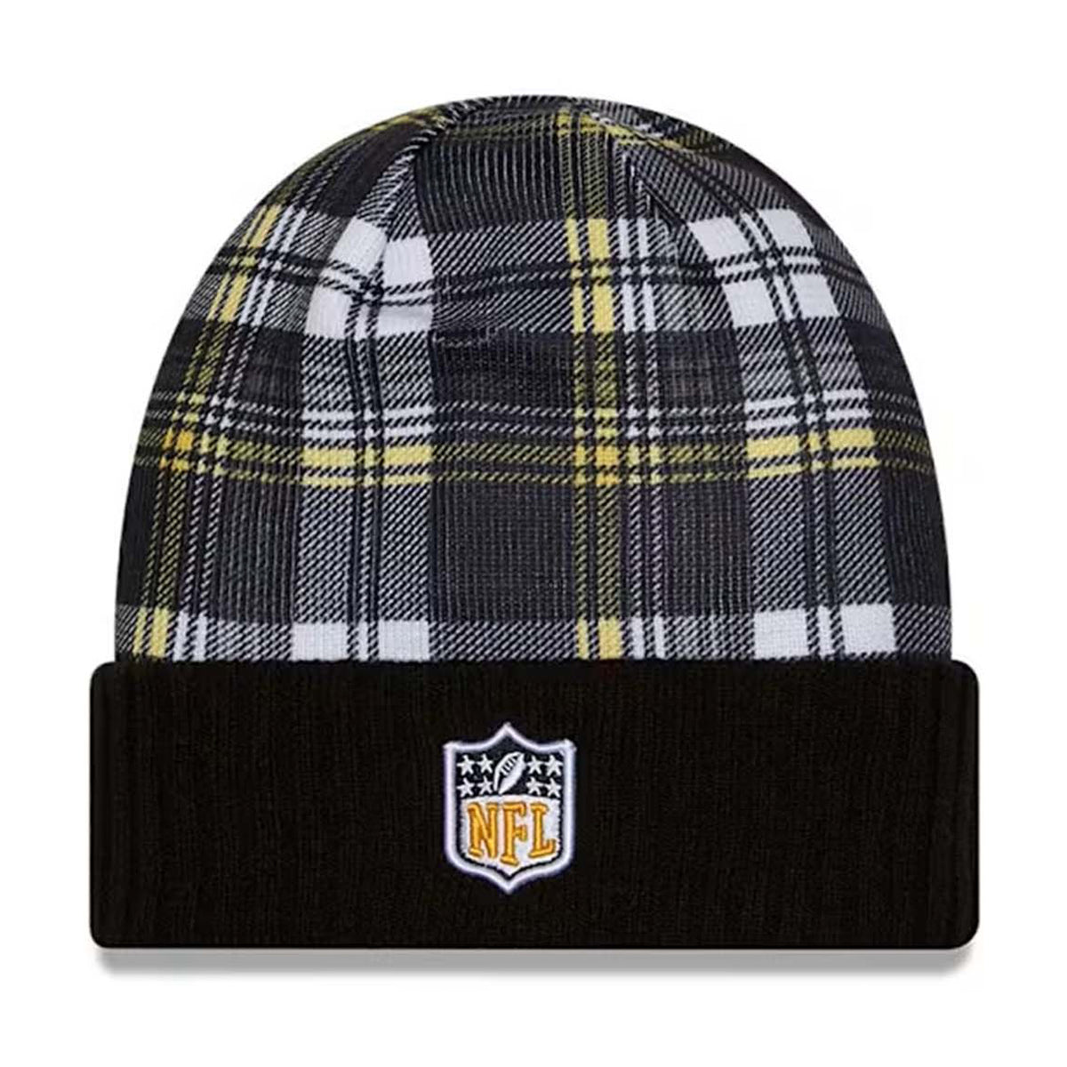 Front view of Pittsburgh Steelers black plaid cuffed knit beanie with a black cuff and NFL shield against a white background