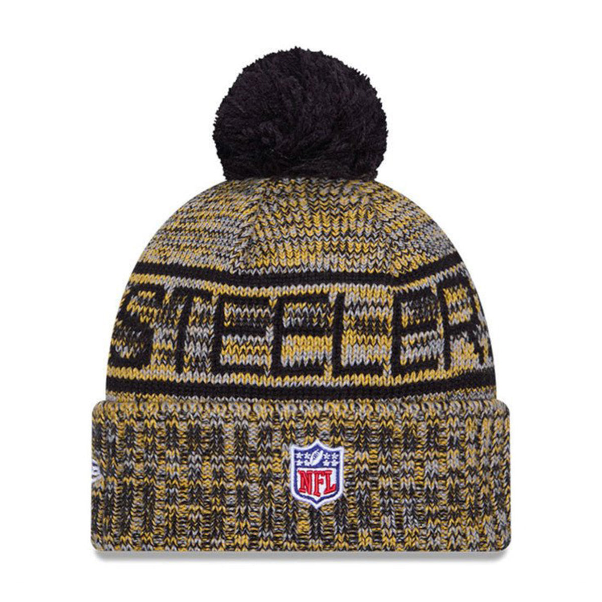 Front view of Pittsburgh Steelers Script Pom Cuffed Knit Beanie showcasing black and gold colors, pom, cuff, and NFL shield