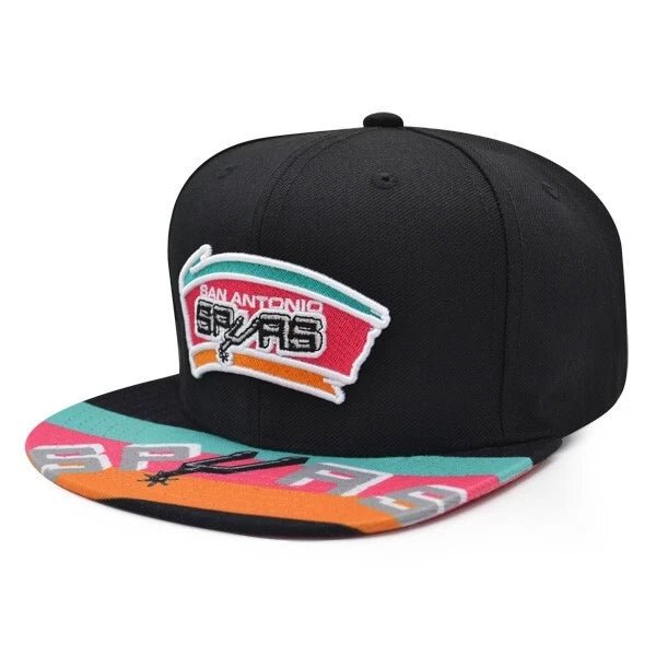 San Antonio Spurs Black Fiesta Script Brim Snapback Hat - Mitchell & Ness -