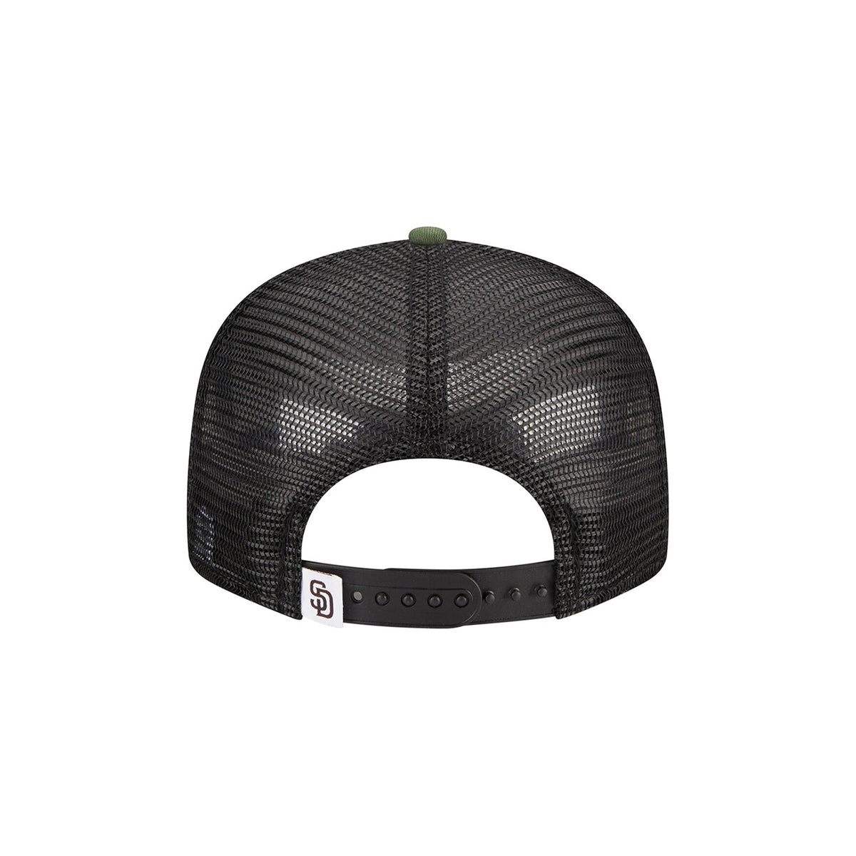 Rear view of San Diego Padres Woodland Camo 9FIFTY hat showcasing black mesh and snapback closure on white background