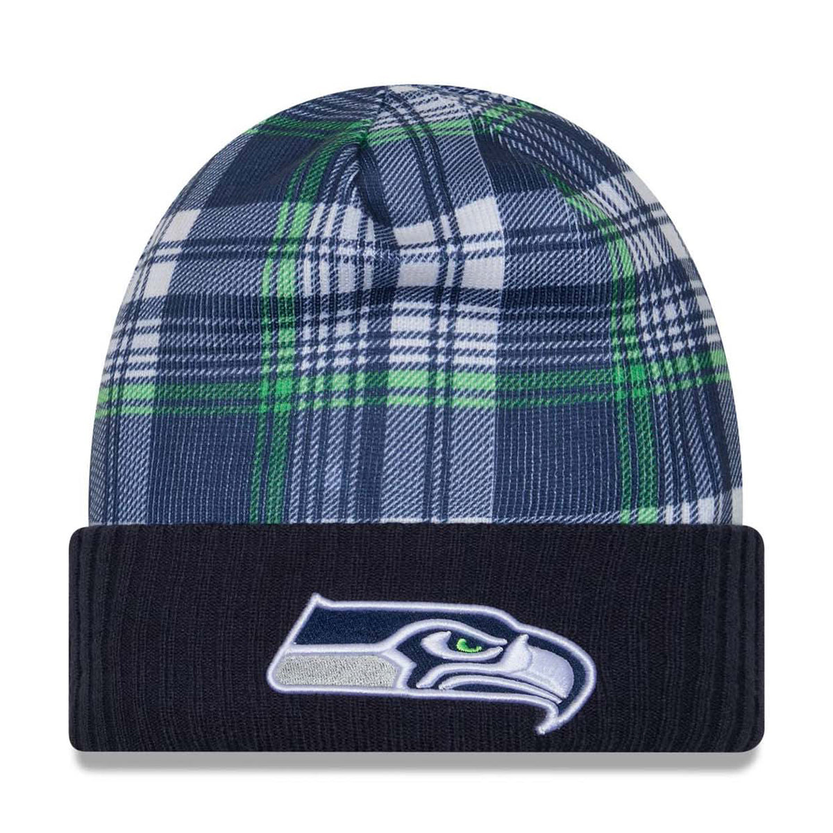 Seattle Seahawks Navy Plaid Statement Beanie Cuffed Knit Hat - New Era -