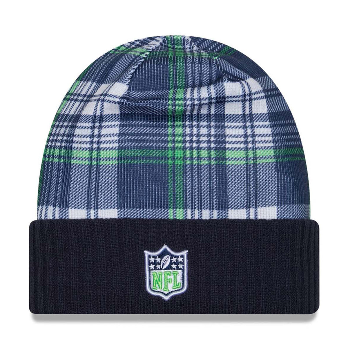 Seattle Seahawks Navy Plaid Statement Beanie Cuffed Knit Hat - New Era -