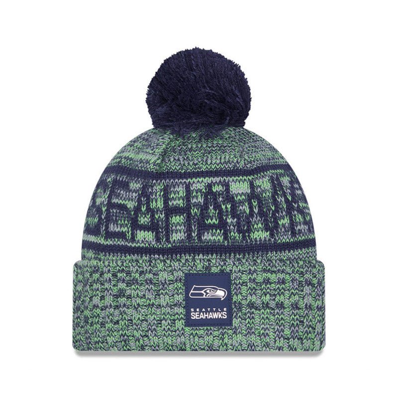 Seattle Seahawks Navy/Lime Pom Knit Beanie - New Era -