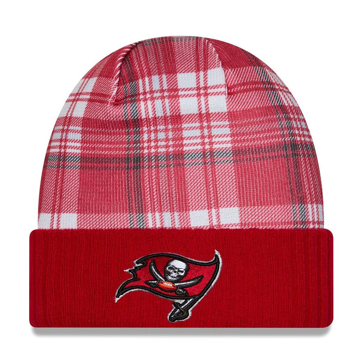 Tampa Bay Buccaneers Red Plaid Statement Beanie Cuffed Knit Hat - New Era -