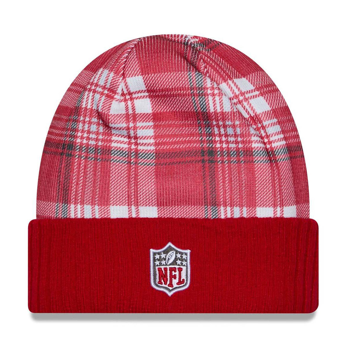 Tampa Bay Buccaneers Red Plaid Statement Beanie Cuffed Knit Hat - New Era -