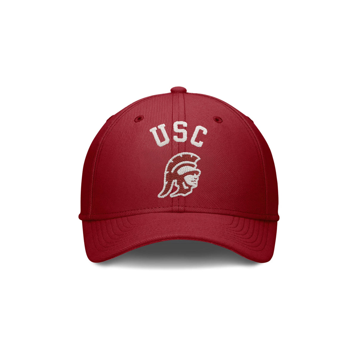 Front view of red USC Trojans Nike SwooshFlex hat with white USC lettering and Trojan helmet embroidery on white background