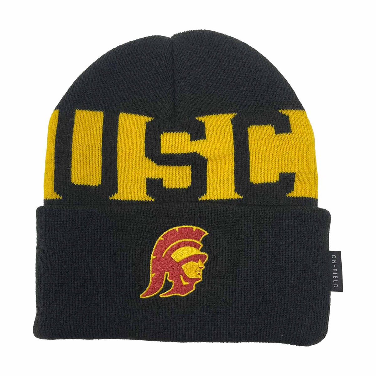 Front view of USC Trojans black and gold cuffed knit beanie showcasing USC lettering and Trojan logo on a white background